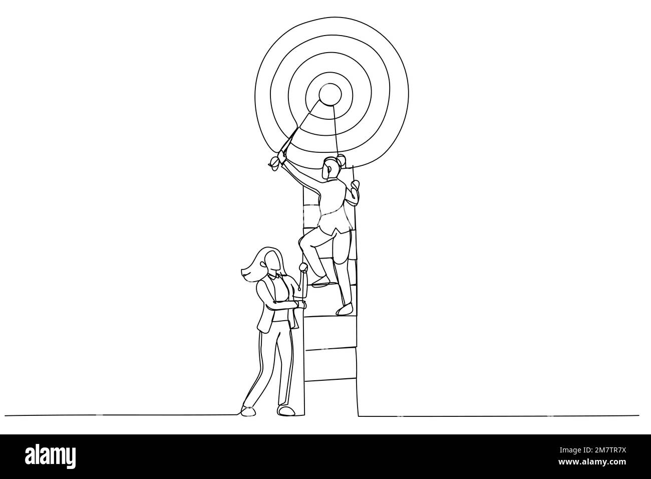 Zeichnung einer Geschäftsfrau klettert auf eine Leiter im Ziel. Metapher für Teamwork. Strichgrafiken Stock Vektor