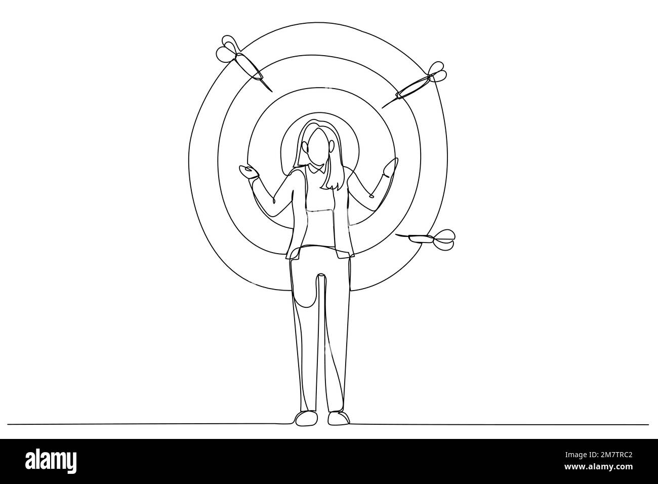 Cartoon einer Geschäftsfrau auf Bogenschießen. Einzeiliger Kunststil Stock Vektor