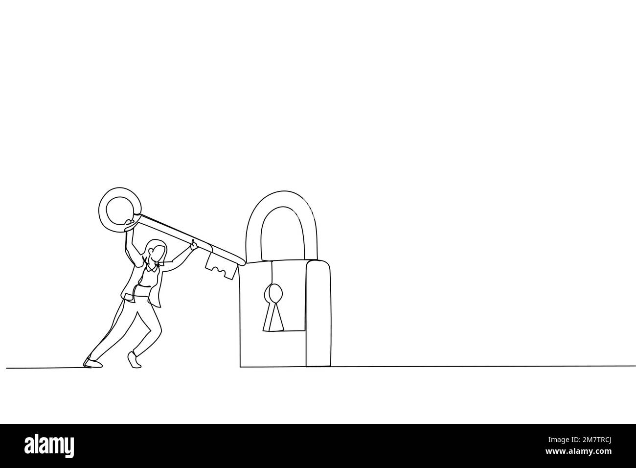 Cartoon mit einer klugen Geschäftsfrau, die den Schlüssel hält, um das Pad zu entriegeln. Metapher für Problemlösung, Lösungen und Business Accessibility. Durchgehende Linie Stock Vektor