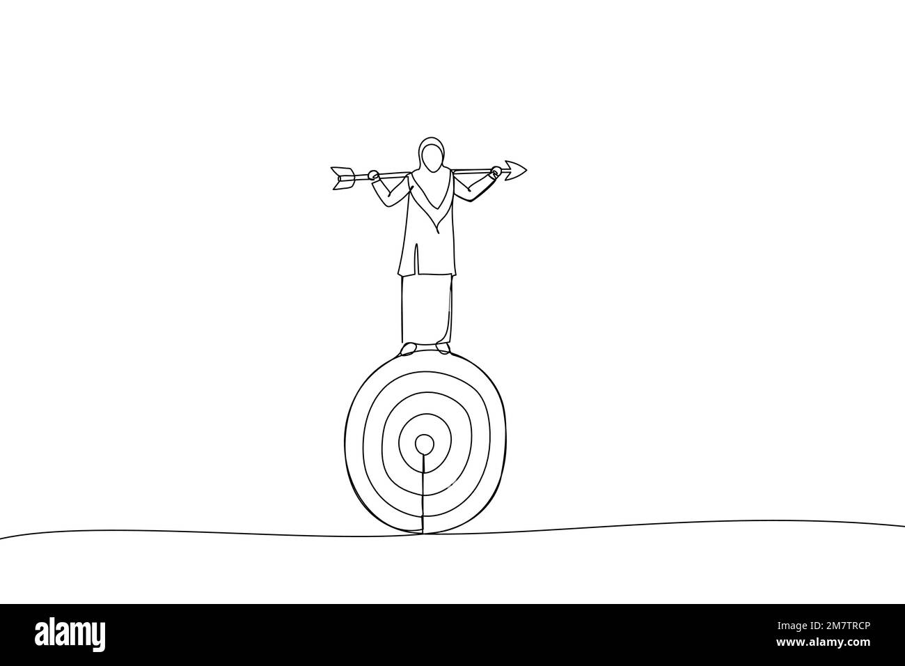 Darstellung einer klugen muslimischen Geschäftsfrau, die ein rotierendes Bogenschießen-Ziel mit einem Pfeil, der auf ein Bullseye trifft, ausbalanciert und kontrolliert. Metapher für ergebnisorientiert Stock Vektor