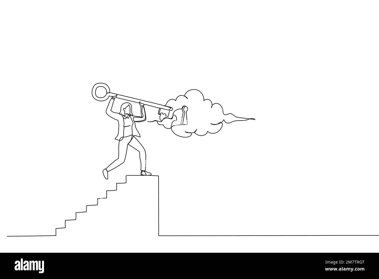 Zeichnung einer Geschäftsfrau, die die Treppe hochklettert, um einen Schlüssel als Geschäftslösung zu verstauen. Einzeiliger Kunststil Stock Vektor