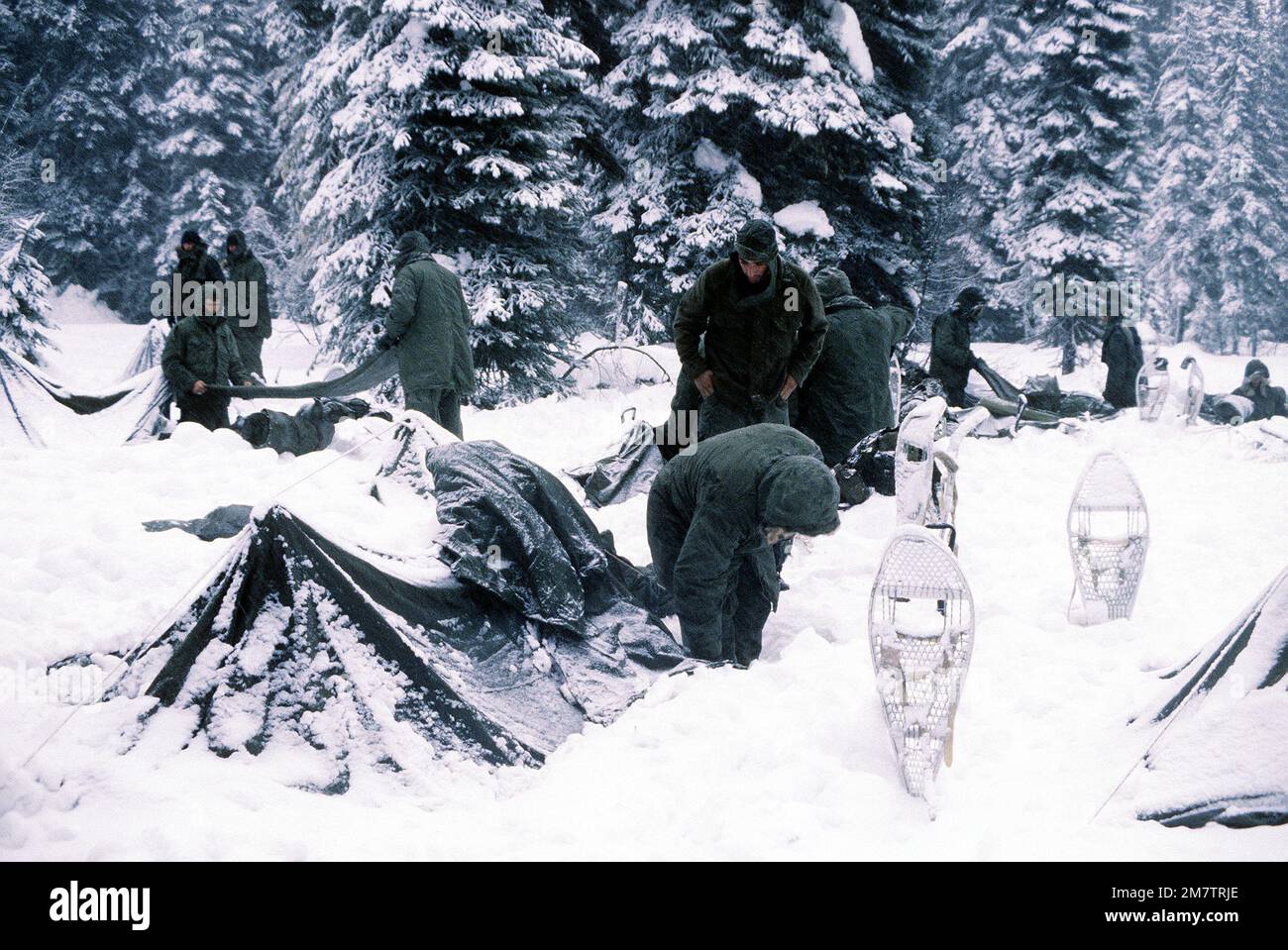 Marines von Kompanie B, 1. Panzerbataillon, bringen ihren Campingplatz in Ordnung, bevor sie mit ihrem Kältetraining für diesen Tag beginnen. Stützpunkt: Yakima Army Fire Range Bundesstaat: Washington (WA) Land: Vereinigte Staaten von Amerika (USA) Stockfoto