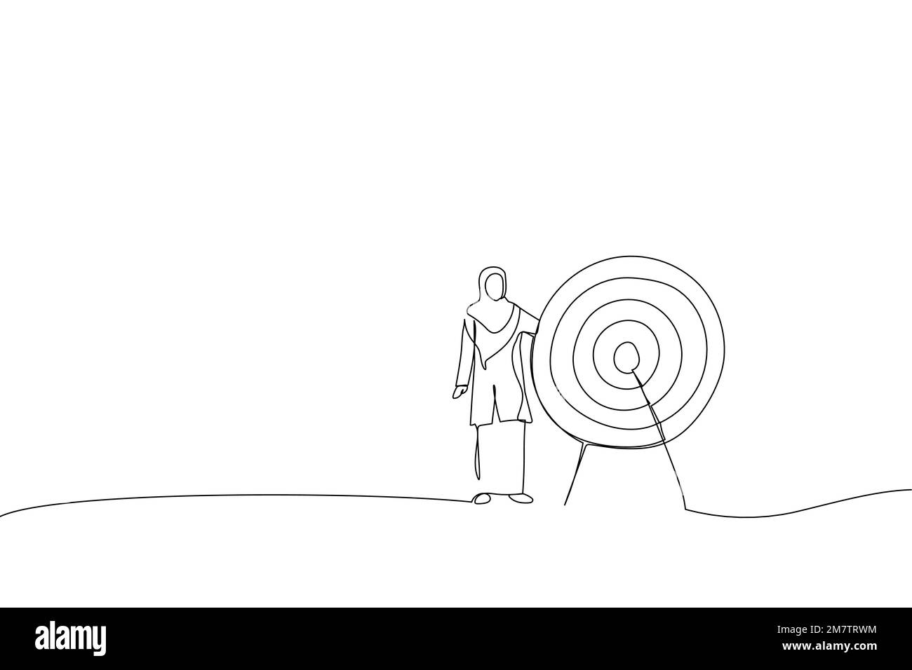 Ein Cartoon von muslimischer Geschäftsfrau, die neben einem riesigen Ziel steht, mit einem Pfeil in der Mitte, Pfeil im Bullseye. Metapher für das Erreichen von Zielen und Objektiv Stock Vektor