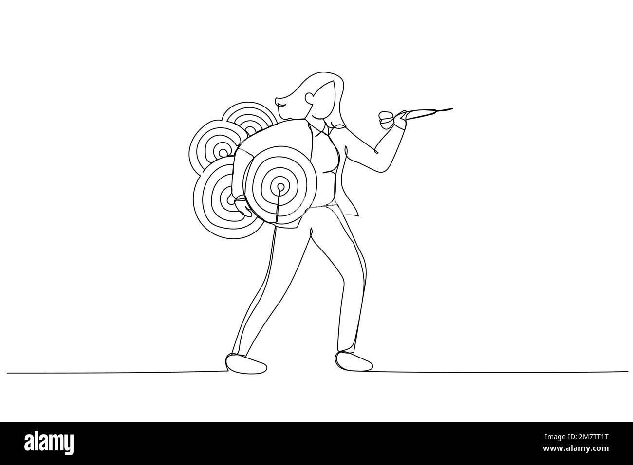 Cartoon einer selbstbewussten Geschäftsfrau, die viele Dartboard-Ziele trägt. Metapher für die gleichzeitige Bearbeitung mehrerer Unternehmen, Multitasking. One line st Stock Vektor
