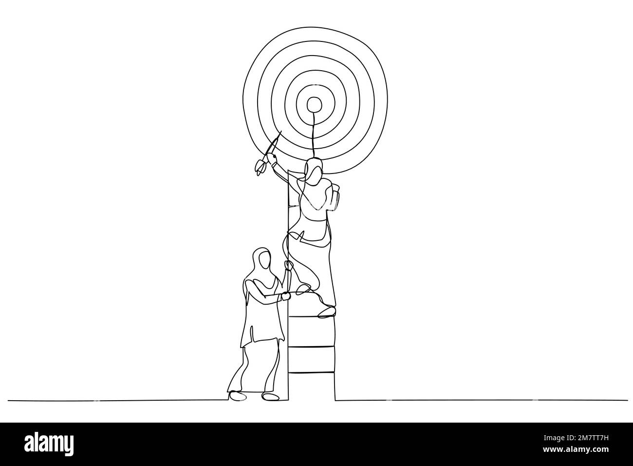Zeichnung einer Geschäftsfrau klettert auf eine Leiter im Ziel. Metapher für Teamwork. Ein kontinuierlicher Strichbildstil Stock Vektor