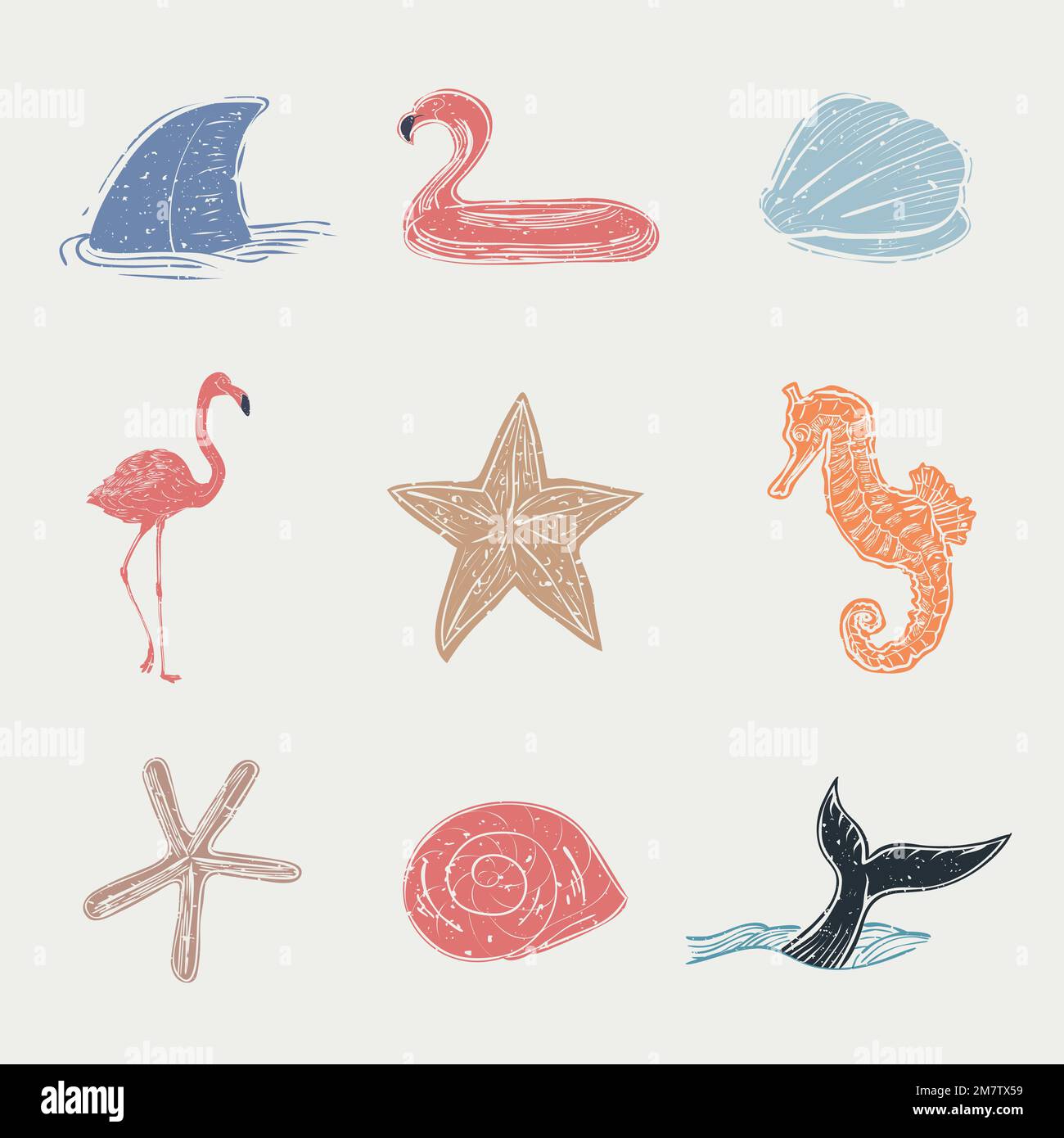 Bunte Linolschnitt Vektor nautische Grafik-Kollektion Stock Vektor