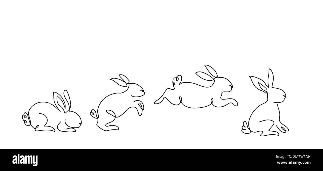 Rennen, hüpfendes Kaninchen, Häschen, Hasen. Vector One – Illustrationen für durchgehende Strichgrafiken. Hase im Sprung Stock Vektor