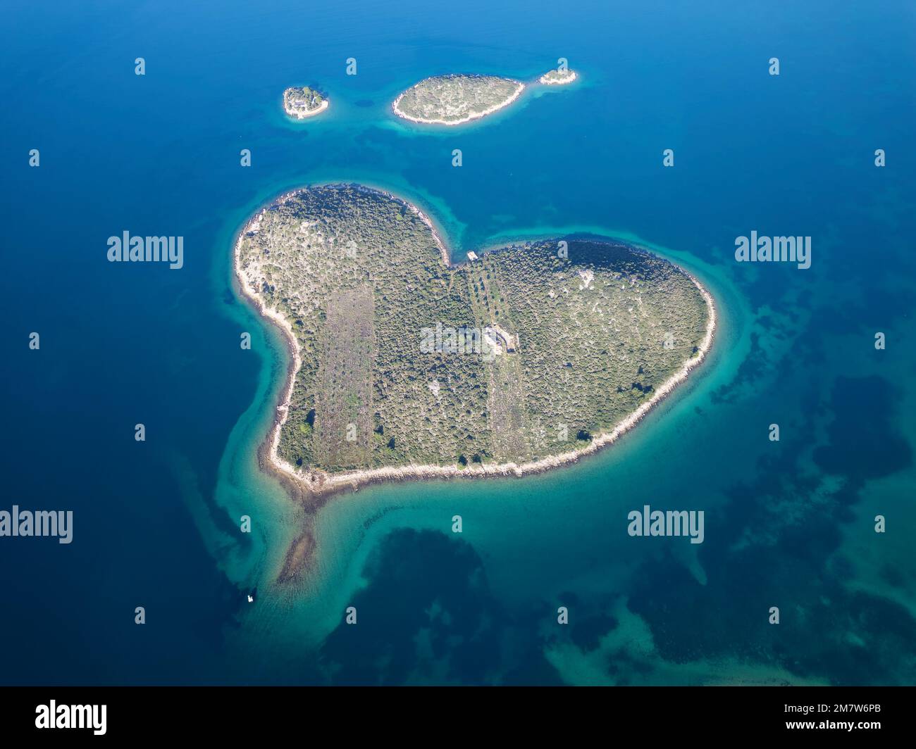 Luftaufnahme von Galesnjak, der Insel der Liebe in Kroatien, mit wunderschönem blauem türkisfarbenem Meerwasser. Herzförmige Insel. Reisen und Urlaub. Stockfoto