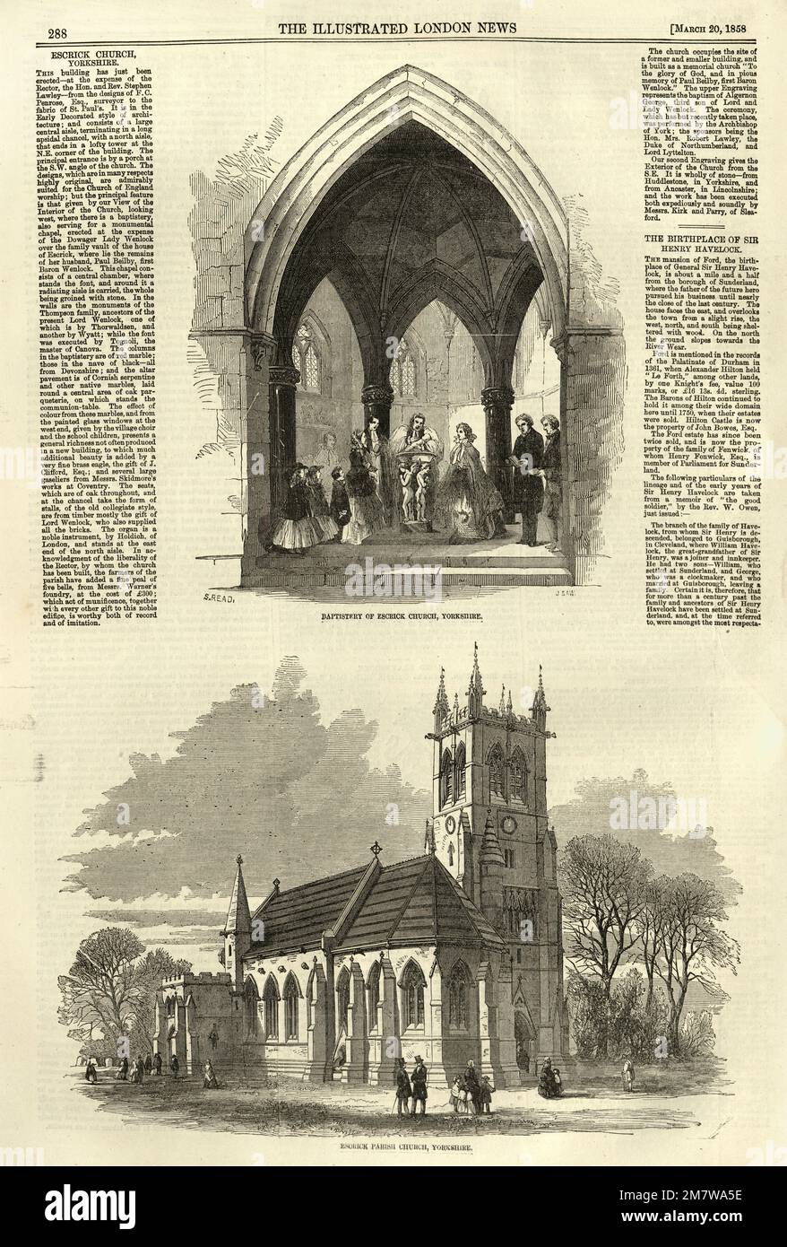 Alte Illustration des Baptisteriums, St. Helens Pfarrkirche, Escrick, North Yorkshire, viktorianisches 19. Jahrhundert Stockfoto