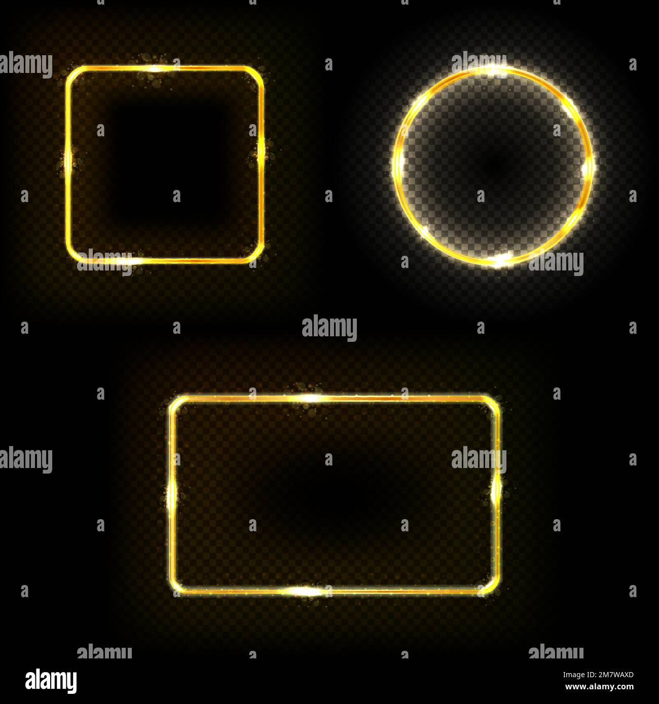 Set aus Quadrat, Kreis, Rahmen mit Lichteffekten, die auf transparentem Hintergrund isoliert sind. Vektordarstellung. Eps 10. Stock Vektor