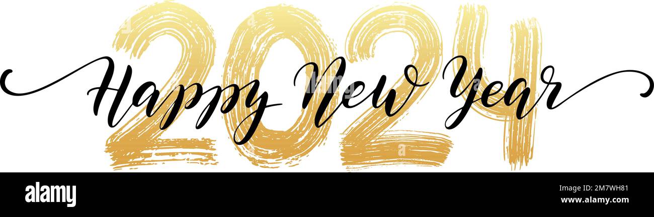 2024 Handzeichen. Frohes neues Jahr Drehbuchtext. Textureffekt des trockenen Pinsels. Frohe Weihnachten. Vektordarstellung Stock Vektor