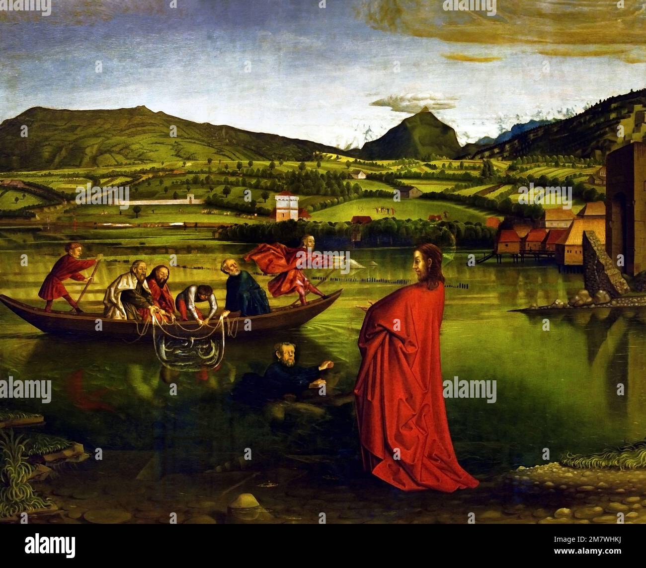 DER WUNDERSAME FANG 1444 von Konrad Witz 1400-1446 Deutschland wundersame Dürre der Fische (Christus geht auf dem Wasser), ca. 1444, Öl auf Holz, Stockfoto