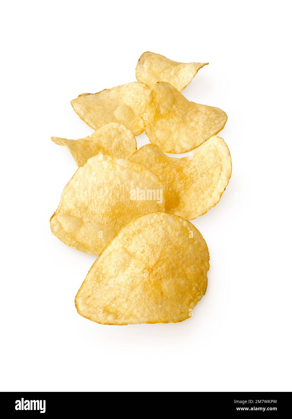 Gruppe von runden natürlichen Kartoffelchips, isoliert auf weißem Hintergrund Stockfoto