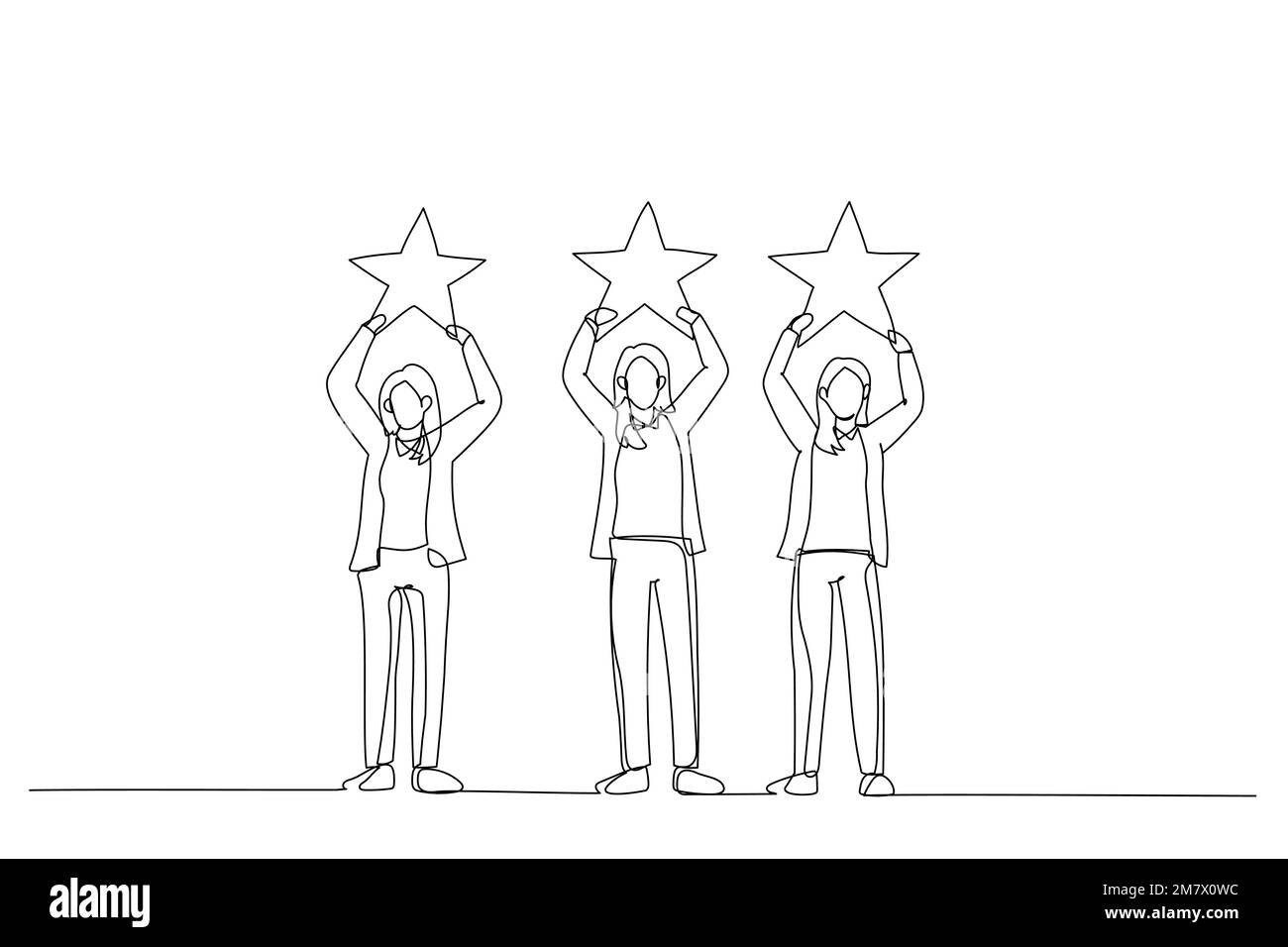 Cartoon einer Geschäftsfrau, die die großen Stars über den Kopf hält. Einzelne durchgehende Strichgrafiken Stock Vektor