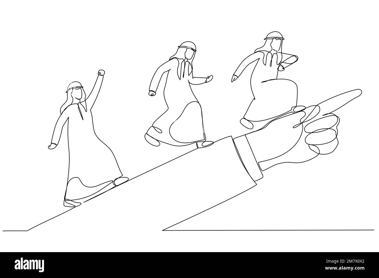 Illustration eines arabischen Mannes, der nach vorn rennt und nach Erfolg sucht, so wie es die riesige Hand des Anführers gezeigt hat. Metapher für richtungsweisende Führung. Ein konti Stock Vektor