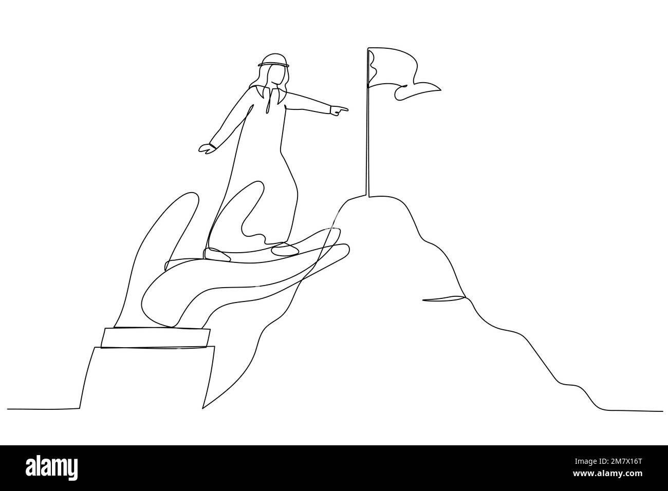 Darstellung eines arabischen Geschäftsmanns, der auf einer riesigen Hand steht, um die Zielflagge des Berggipfels zu erreichen. Ein kontinuierlicher Strichbildstil Stock Vektor