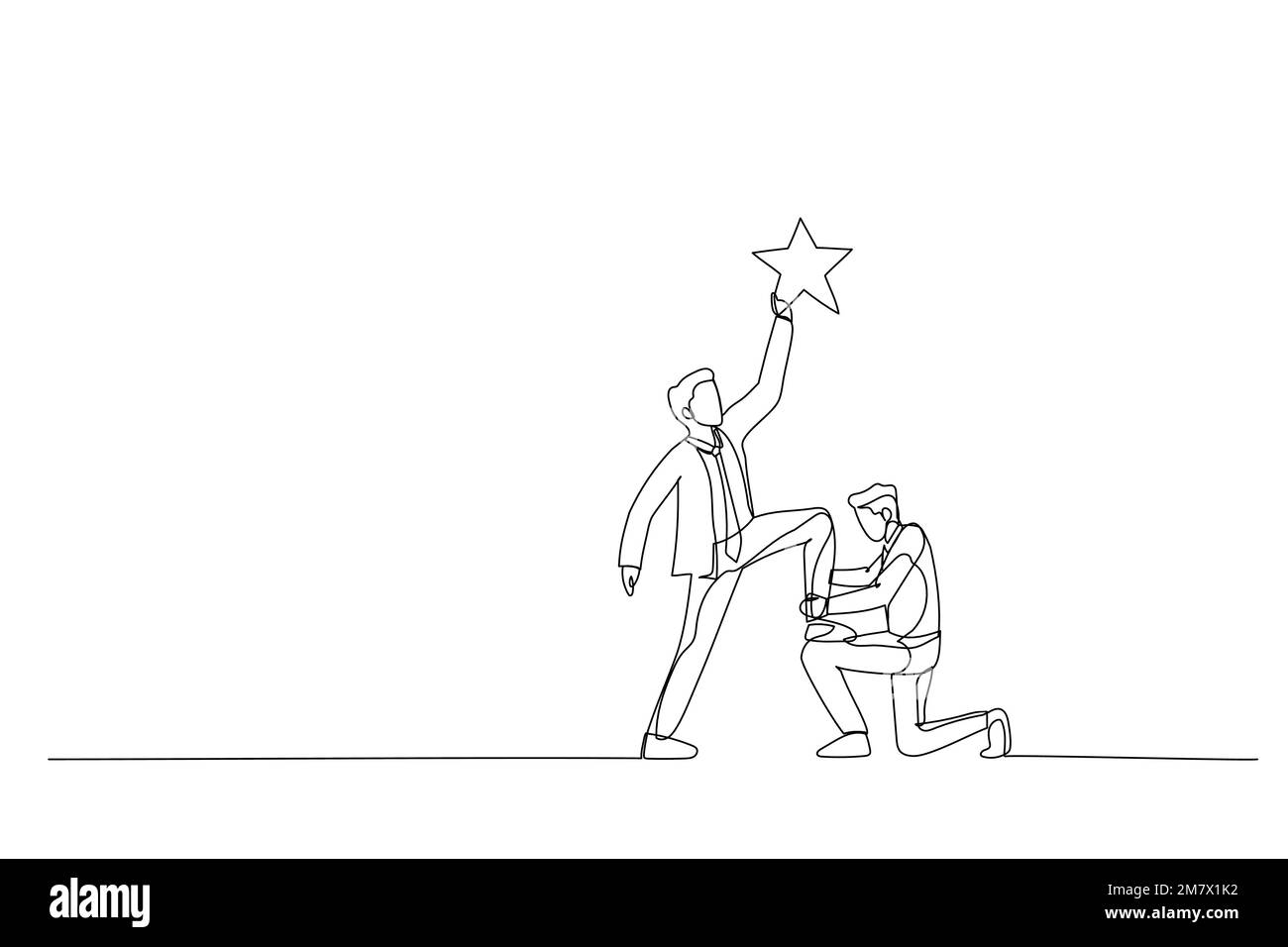 Zeichnung eines Geschäftsführers, der den Kollegen unterstützt, auf dem Knie zu stehen, um das Ziel zu erreichen. Metapher für Teamwork. Strichgrafiken Stock Vektor