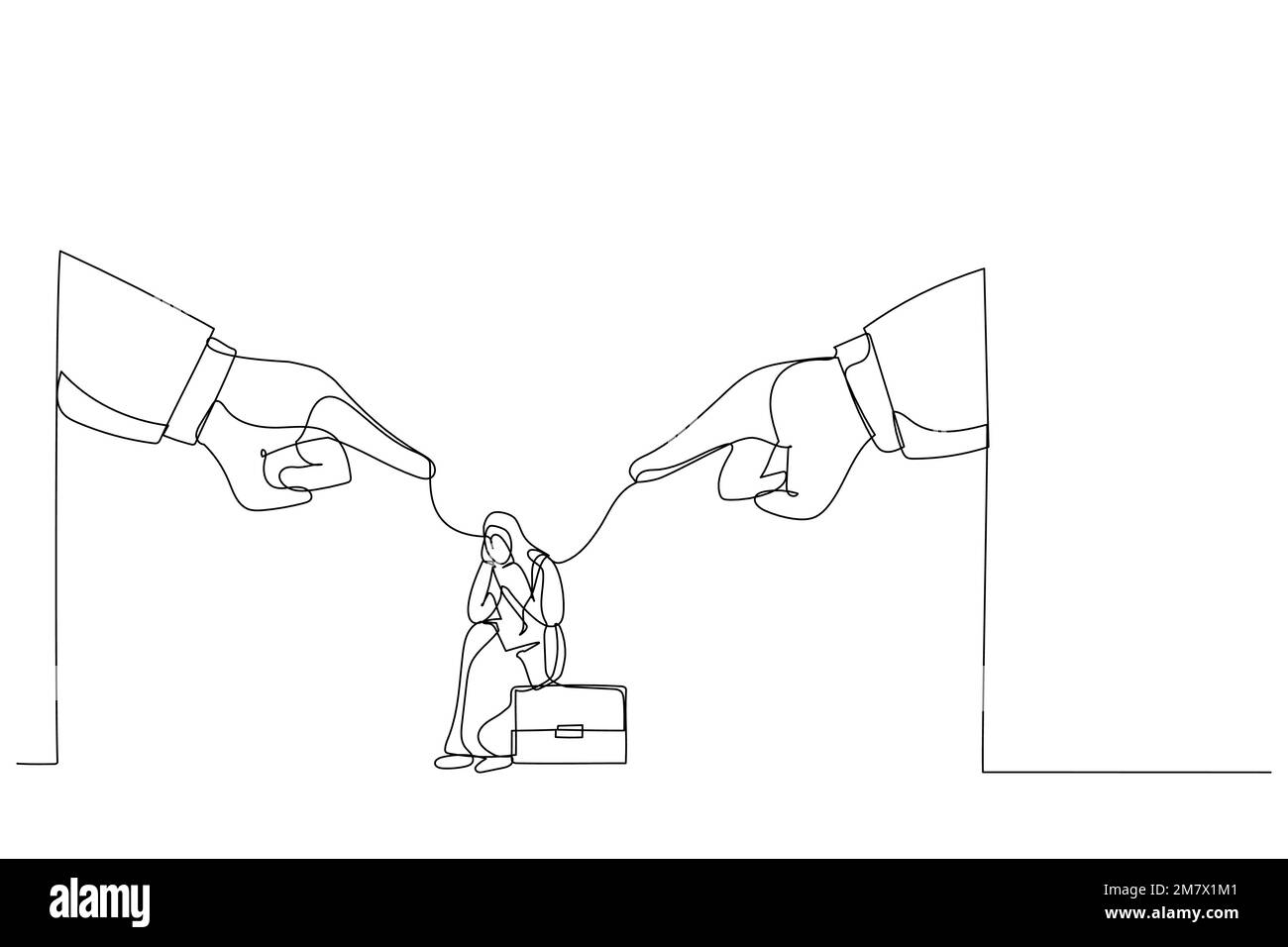 Zeichnung riesiger Chefhände, die auf depressive muslimische Geschäftsfrau zeigen und sie beschuldigen. Metapher für toxische Arbeit, Missbrauch oder Mobbing von Kollegen. Si Stock Vektor