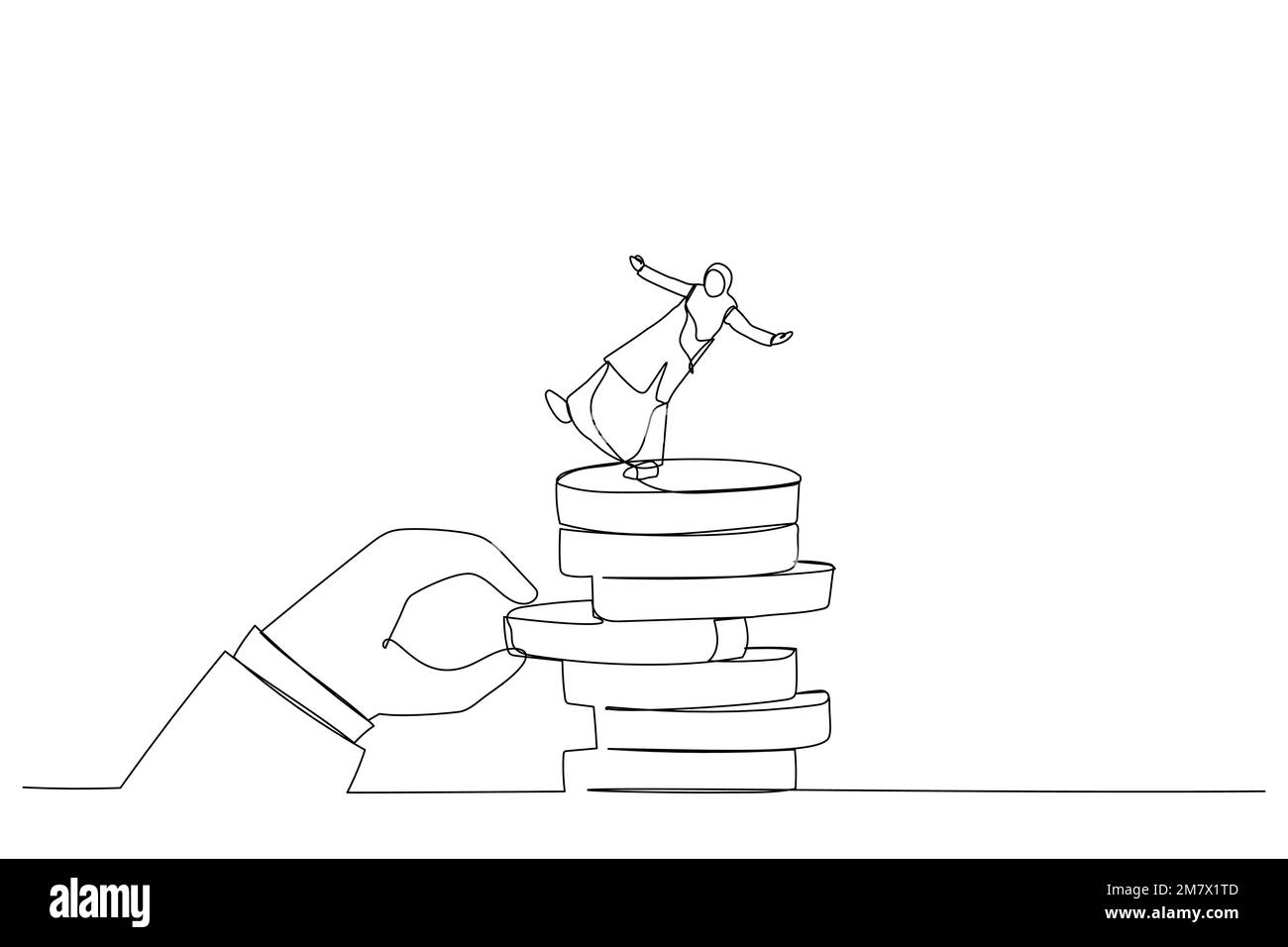 Ein Cartoon mit riesiger Hand zieht Geld aus dem Münzstapel zurück und lässt eine arabische Frau fallen. Metapher für Anlagerisiko, Liquidität, Marktvolatilität. Eins Stock Vektor