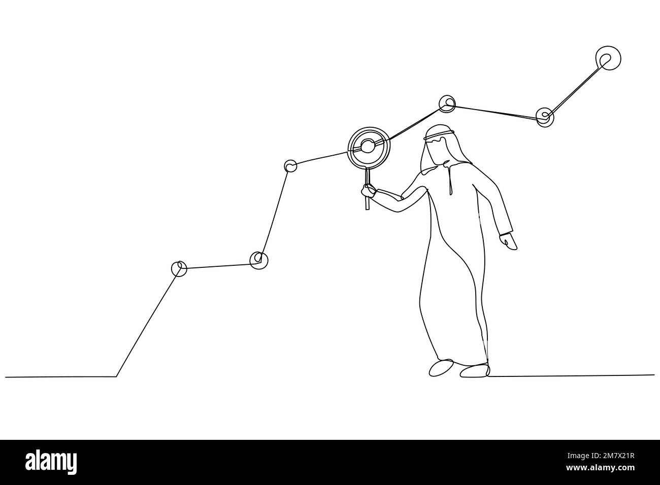 Zeichnung eines arabischen Marketingexperten, der eine Lupe hält, Analyse von Kundendaten in Diagrammen und Diagrammen. Strichgrafiken Stock Vektor