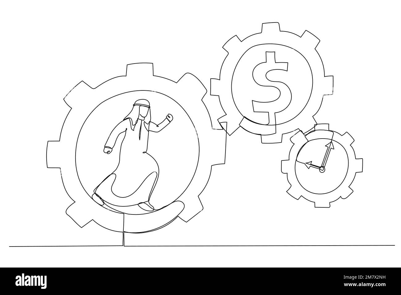 Zeichnung eines arabischen Geschäftsmanns, der mit voller Anstrengung in Zahnrädern läuft. Aufwand und Zeit führten zu einem Geldkonzept. Einzeiliger Kunststil Stock Vektor
