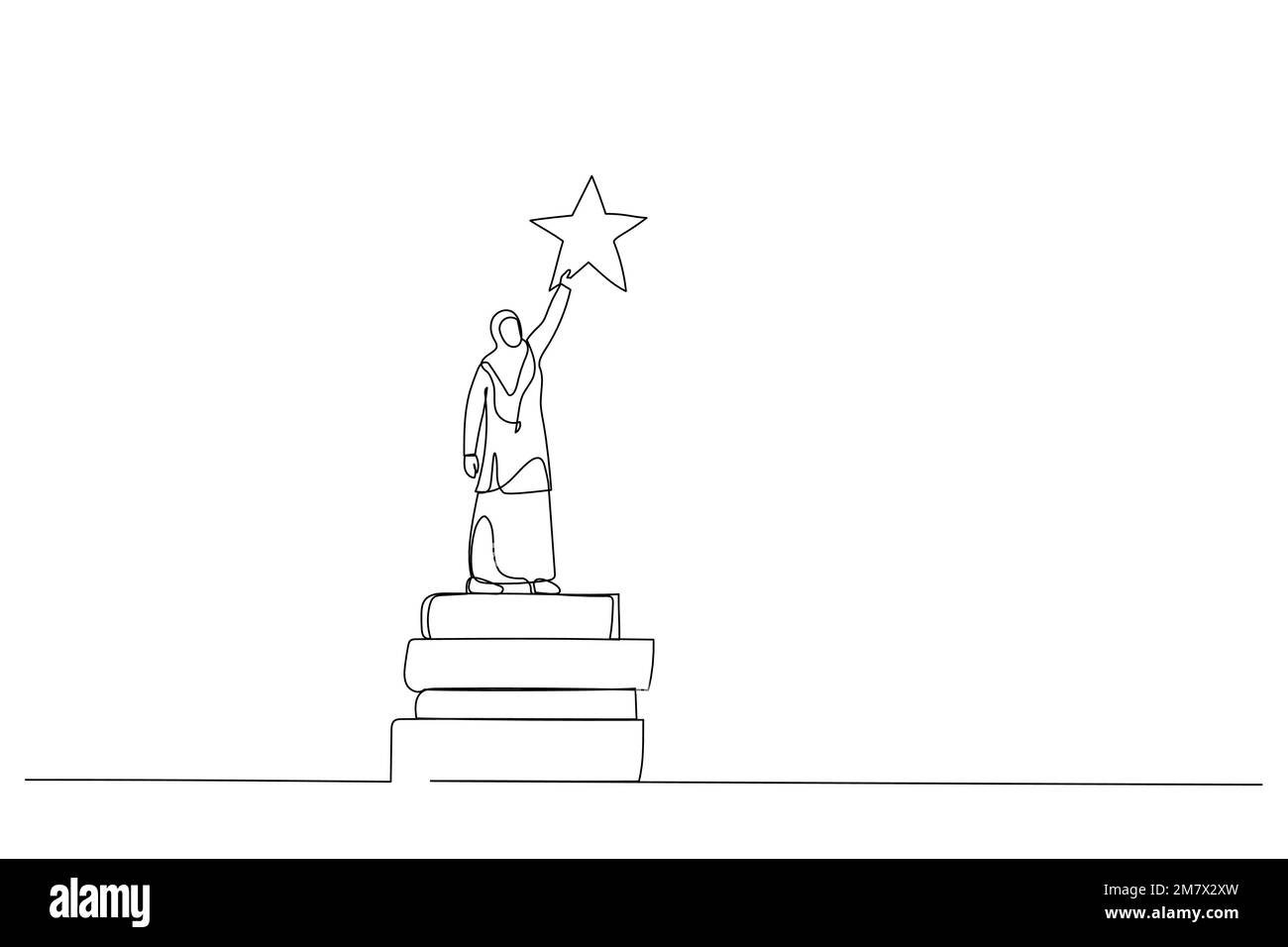 Der Cartoon der muslimischen Frau greift nach den Sternen, indem er Bücher als Plattform benutzt. Einzelne durchgehende Strichgrafiken Stock Vektor