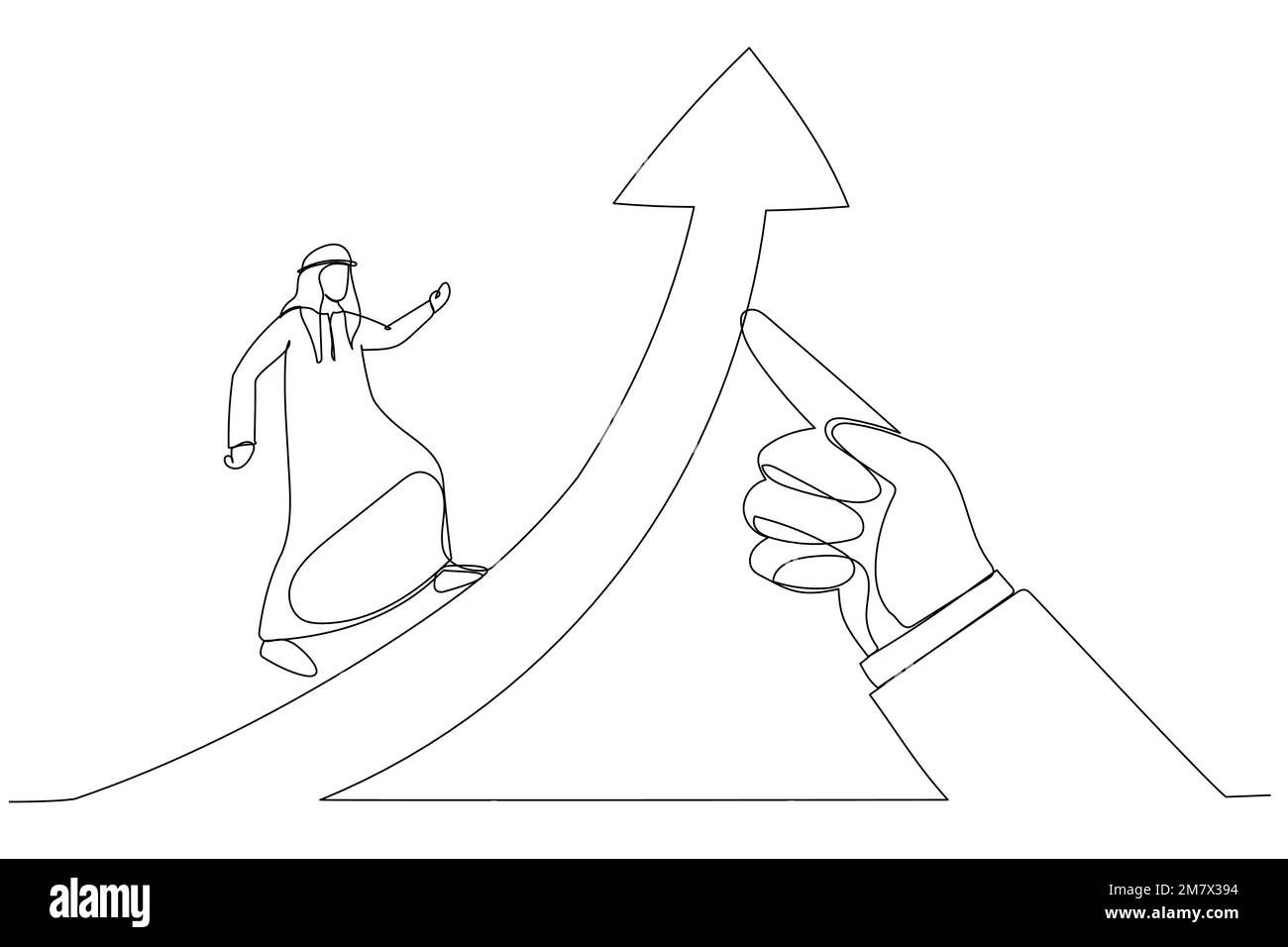 Cartoon eines arabischen Geschäftsmannes, der auf Erfolgspfeilen läuft, aufgezogen von einer riesigen Hand des Anführers. Metapher für Geschäftserfolg. Einzeiliger Kunststyl mit durchgehender Linie Stock Vektor