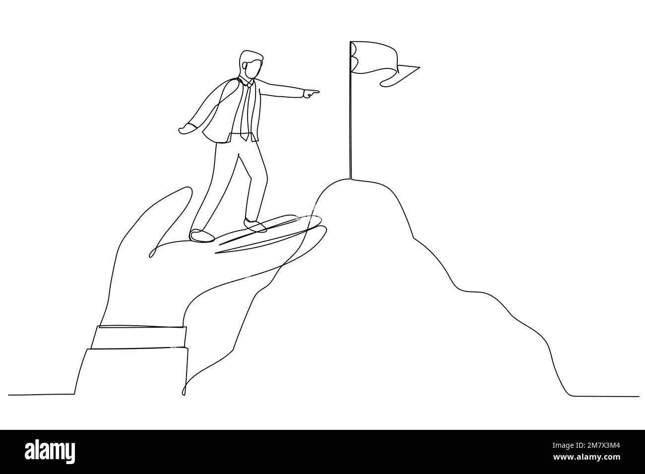 Darstellung eines Geschäftsmanns, der auf einer riesigen Hand steht, um die Zielflagge des Berggipfels zu erreichen. Metapher für Coaching. Ein kontinuierlicher Strichbildstil Stock Vektor