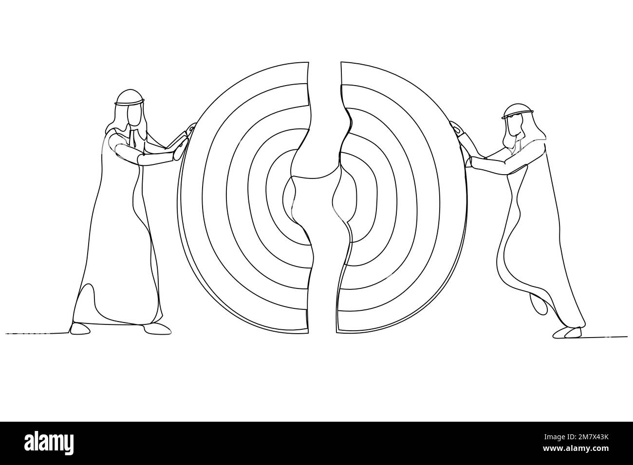 Darstellung arabischer Geschäftsleute, die ein großes Ziel zusammenschieben. Metapher für geschäftliche Teamarbeit. Einteilige, durchgehende Strichart Stock Vektor