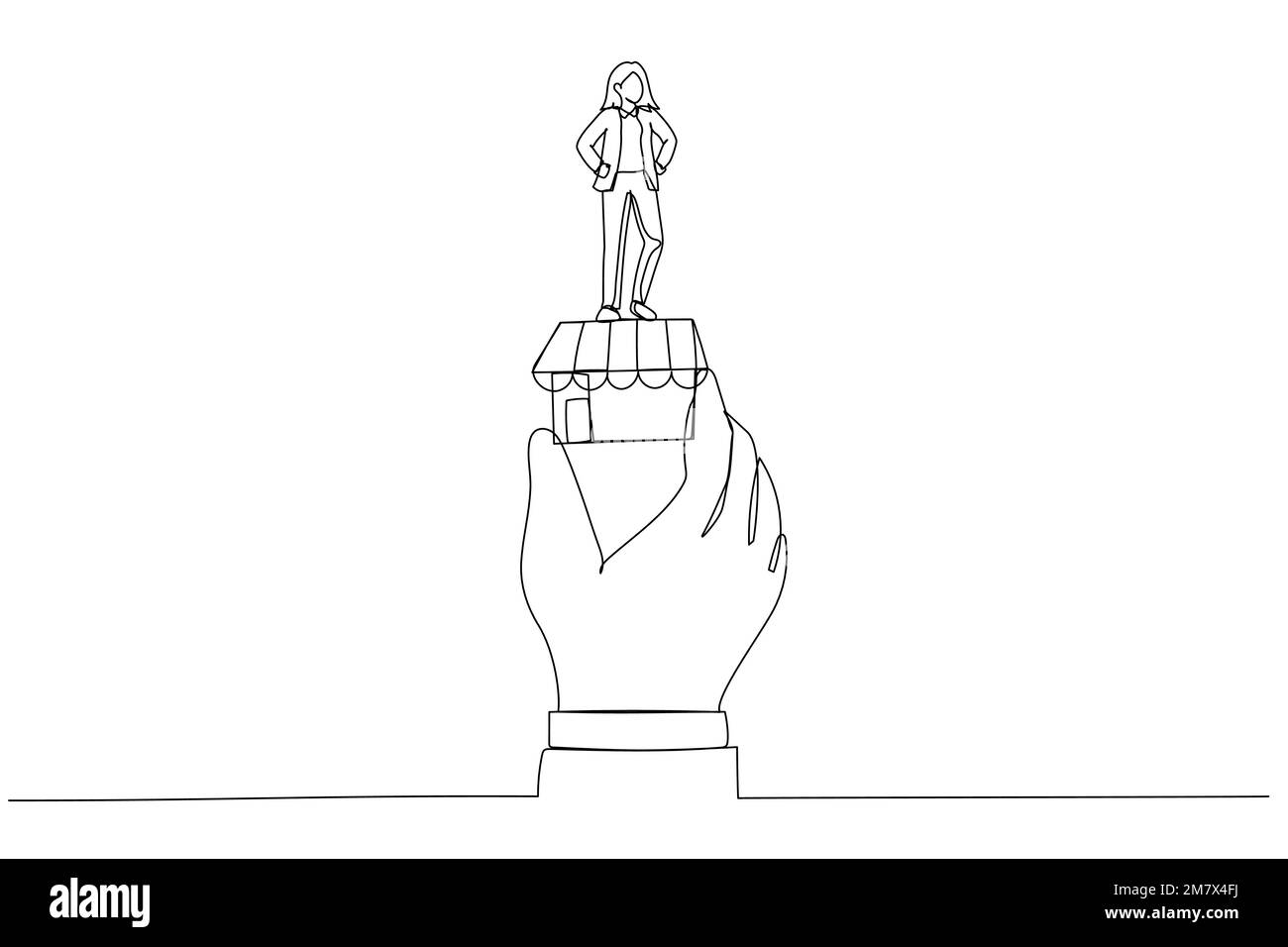 Abbildung einer erfolgreichen Geschäftsfrau, die die Siegerflagge in einer riesigen Hand auf einem kleinen Geschäft hält. Metapher für die Idee eines kleinen Unternehmens, erfolgreicher Unternehmer. Sünde Stock Vektor
