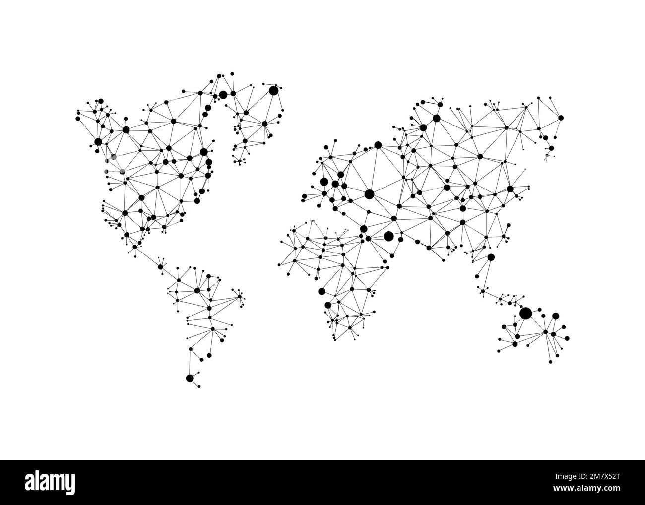 Weltkarte mit Kreisen und Linien. Abstrakte polygonale Weltkarte mit Punkten. Globales Netzwerk-Mesh. Vektordarstellung. Esp 10. Stock Vektor