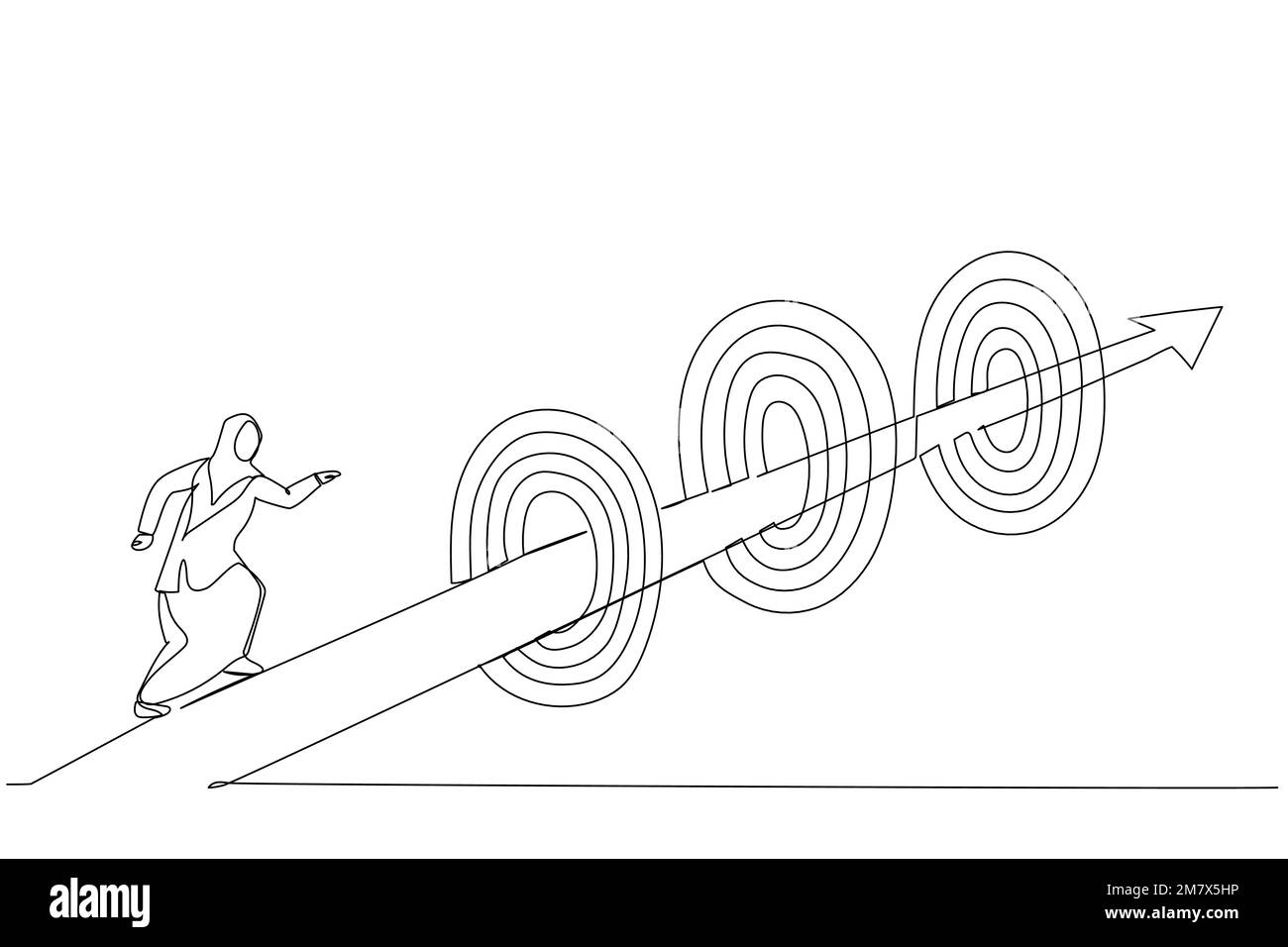 Darstellung einer muslimischen Geschäftsfrau, die auf einem Pfeil durch Ziele läuft. Metapher für Erfolge oder Herausforderungen, um Ziele und Geschäftsziele zu erreichen Stock Vektor
