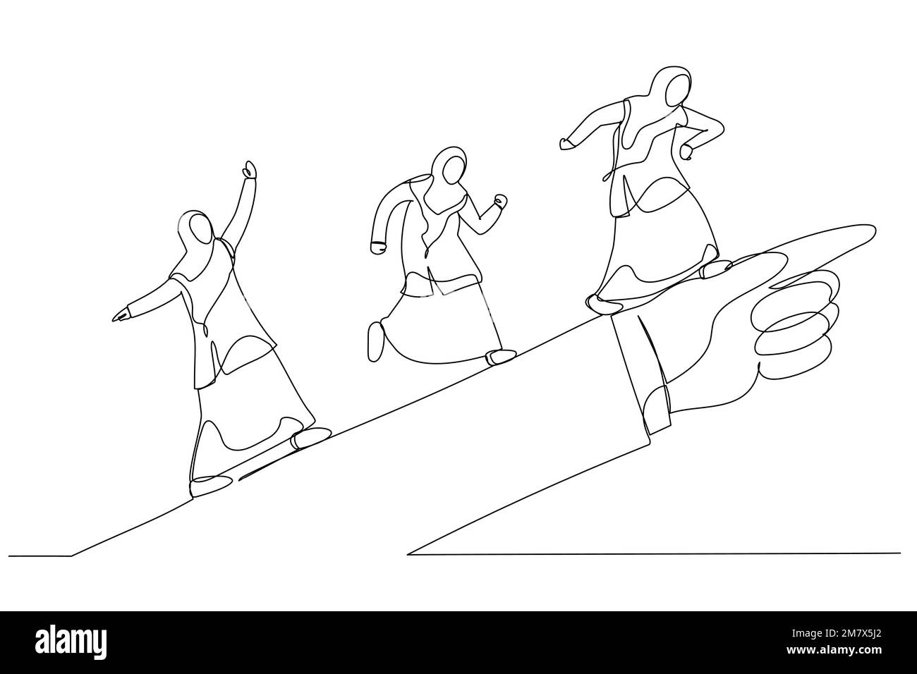 Zeichnung einer muslimischen Geschäftsfrau, die nach vorn rennt und auf Erfolg aus ist, wie sie von einer riesigen Hand des Führers gezeigt wurde. Metapher für richtungsweisende Führung. Si Stock Vektor