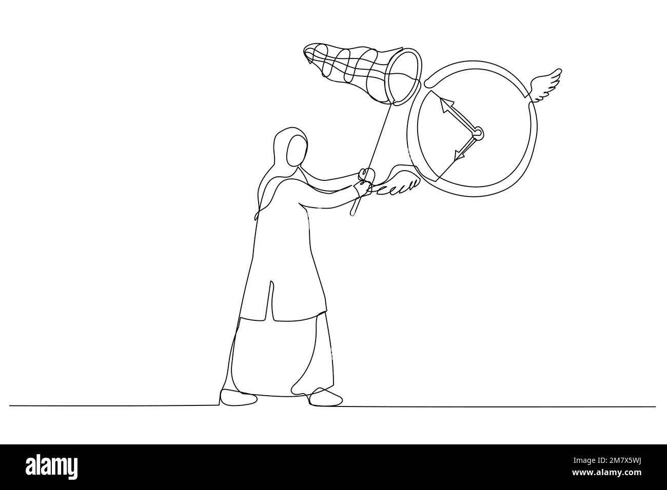 Ein Cartoon der muslimischen Geschäftsfrau, beeilt euch, die fliegende Uhr zu fangen. Zeitmangel und Konzept für Projekttermine. Strichgrafiken Stock Vektor