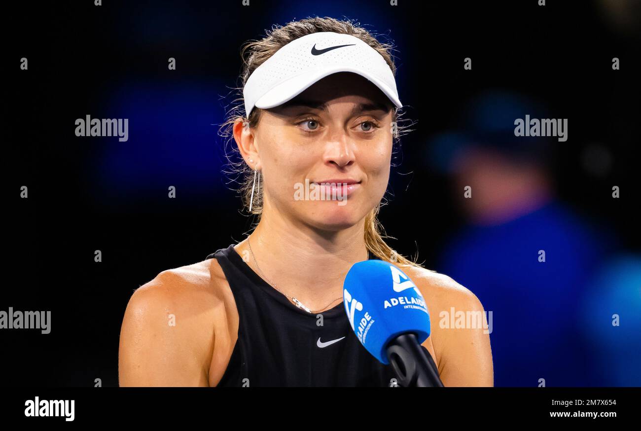 Paula Badosa aus Spanien nach der ersten Runde des Adelaide International 2 2023, WTA 500 Tennis Tournament am 10. Januar 2023 in Adelaide, Australien - Foto: Rob Prange/DPPI/LiveMedia Stockfoto