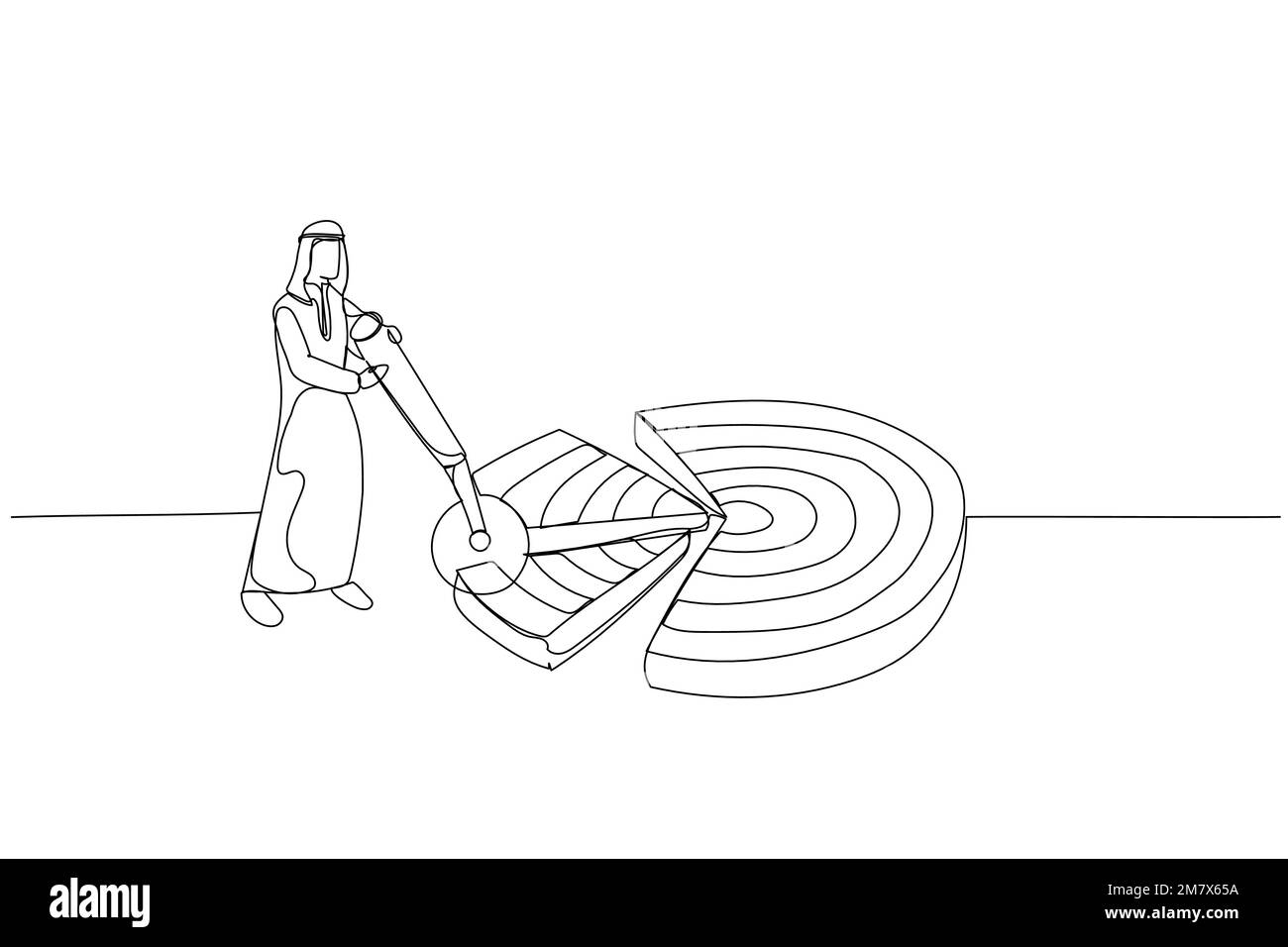 Der Cartoon eines arabischen Geschäftsmanns zerlegt Dartboard-Ziele in Stücke. Metapher für die Untergliederung eines großen Ziels in kleine erreichbare Ziele. Einzeiliger Kunststil Stock Vektor