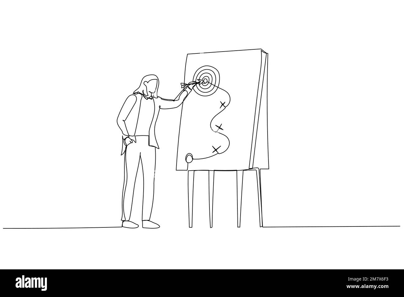 Illustration einer klugen Geschäftsfrau, die eine Erfolgsstrategie auf dem Whiteboard präsentiert. Metapher für die Planung von Geschäftsstrategien. Einzeiliger Kunststil Stock Vektor