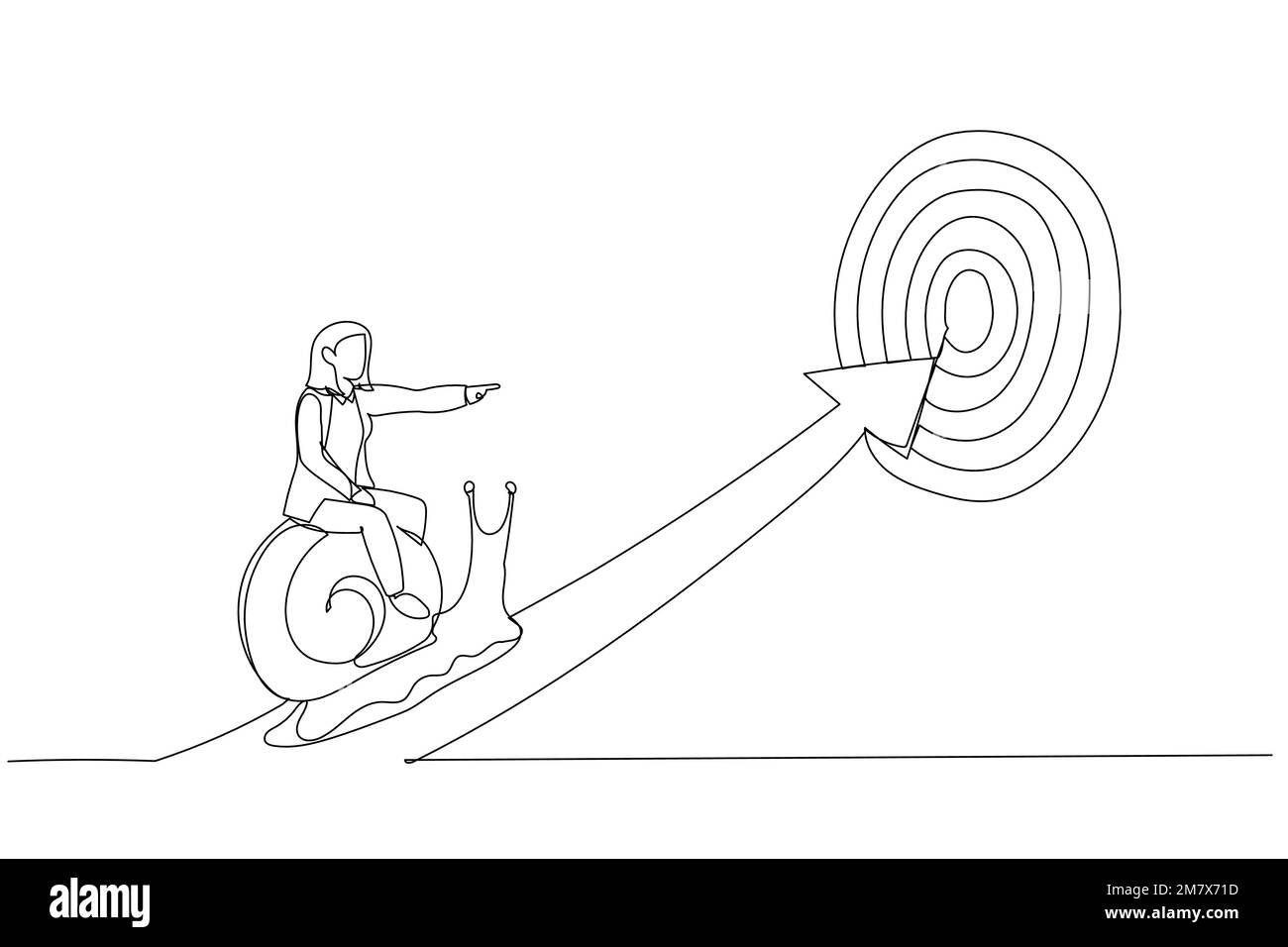 Zeichnung einer versuchten Geschäftsfrau, die auf einer Schnecke reitet und langsam auf dem Pfeil zum Ziel geht. Metapher für langsamen Geschäftsfortschritt, Faulheit oder Verzögerung. C Stock Vektor