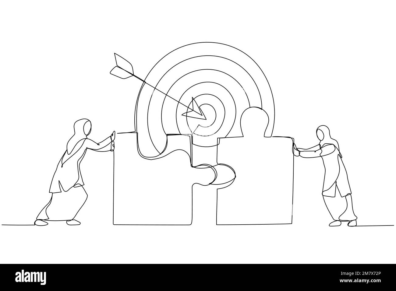Cartoon muslimischer Geschäftsfrauen, die Puzzleelemente verbinden. Metapher für das Erreichen des Erfolgsziels bei Teamarbeit. Einzeilige Kunst Stock Vektor