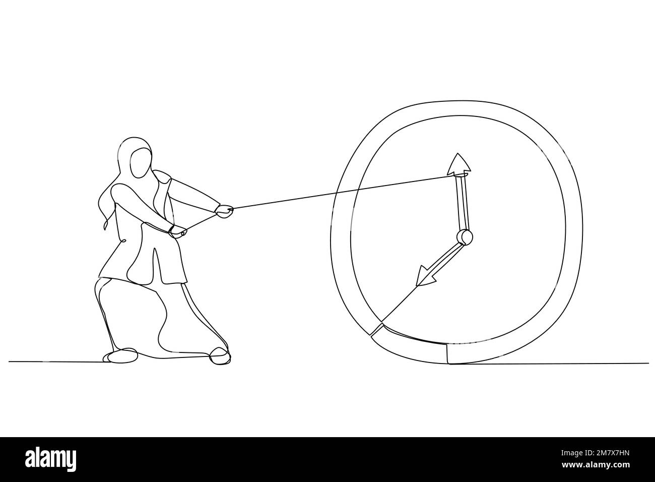 Zeichnung einer muslimischen Geschäftsfrau, die versucht, die Zeit zu verlangsamen und aufzuhalten. Metapher "Stoppzeit". Einzeiliger Kunststil Stock Vektor