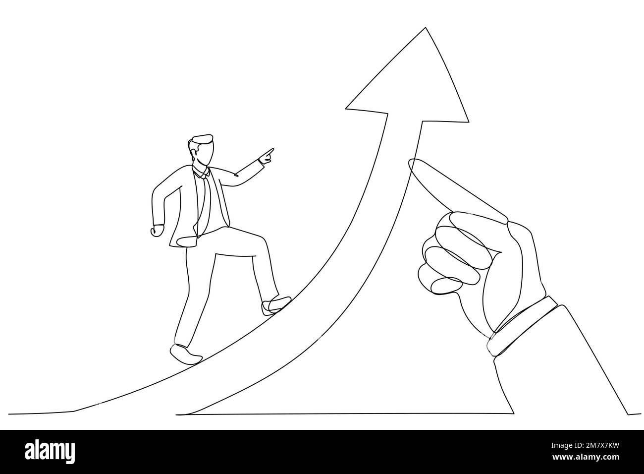 Cartoon eines Geschäftsmannes, der auf einem Erfolgspfeil läuft, aufgezogen von einer riesigen Hand des Anführers. Metapher für den Geschäftserfolg, der die Führung vorantreibt. Einzelner Anschluss Stock Vektor