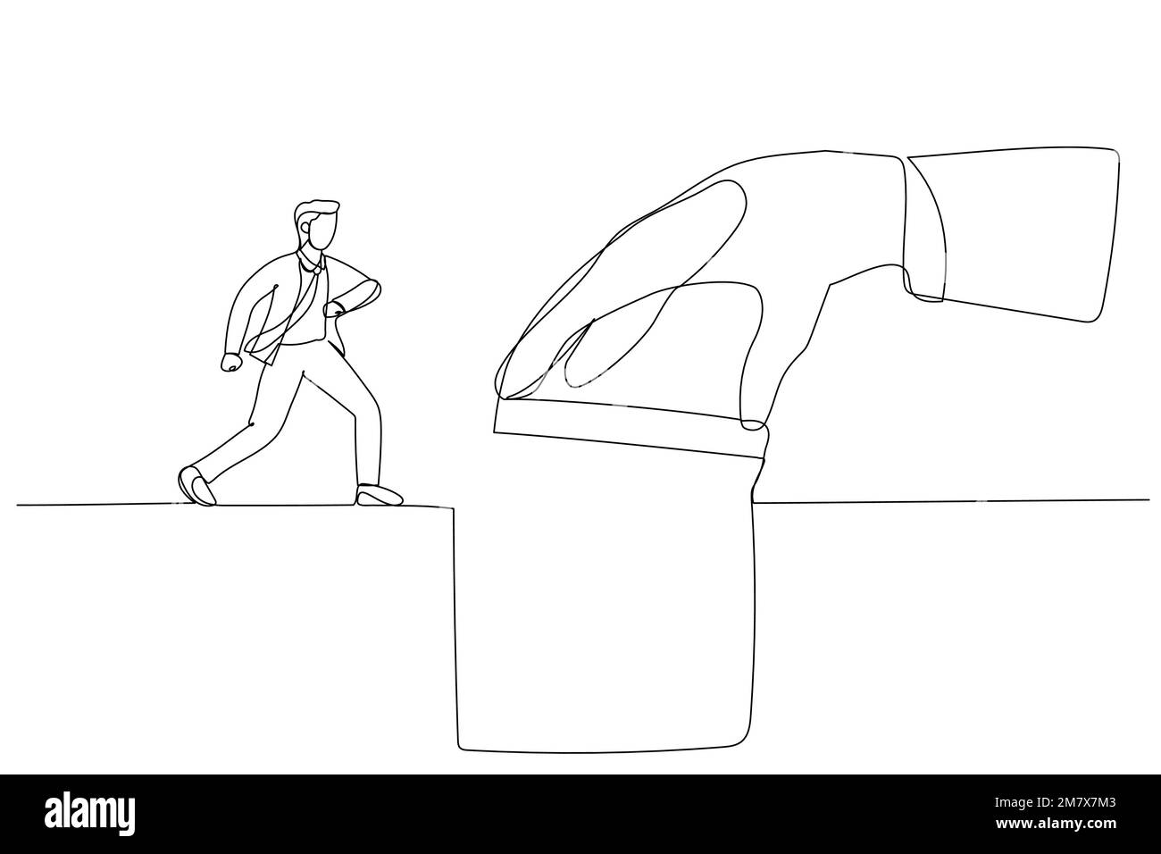 Die Zeichnung einer riesigen Managerhand hilft dabei, das fehlende Teil als Brücke für den Geschäftsmann zu verbinden, um die Lücke zu überqueren. Einzelne durchgehende Strichgrafiken Stock Vektor