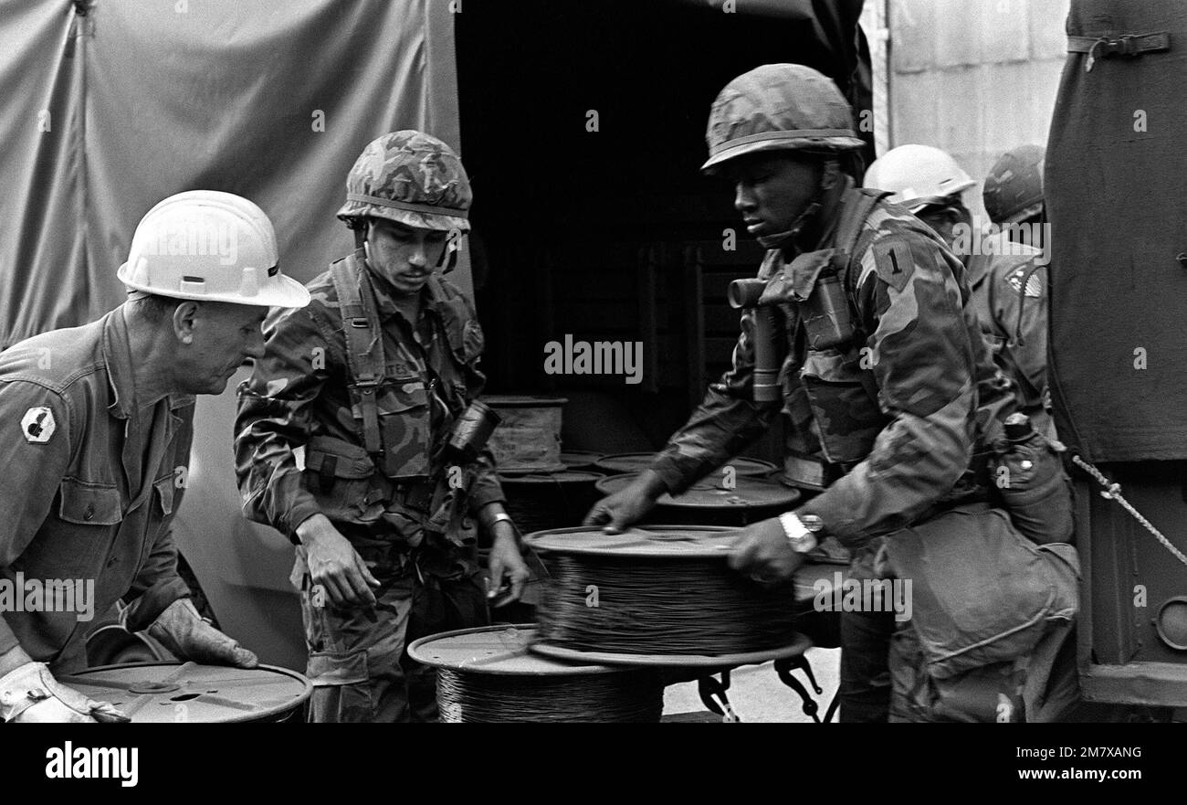 Das deutsche Personal des Arbeitsdienstes, links, unterstützt Männer der 1. Infanterie-Division beim Laden von Kabeln auf ihre Fahrzeuge in der Mannheim 1. Kampfausrüstung Company, während sie sich auf die Teilnahme an Exericse REFORGER '82 vorbereiten. Betreff Betrieb/Serie: REFORGER '82 Basis: Mannheim Land: Deutschland / Deutschland (DEU) Stockfoto