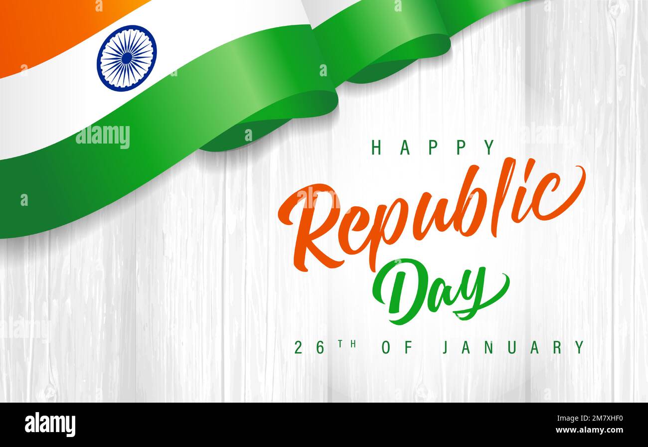 Happy Republic Day mit indischer Flagge auf Holzplanke. 26. Januar, Kalligrafie zum Tag der Republik Indien für Grußkarten- oder Posterdesign. Vektorkarte Stock Vektor