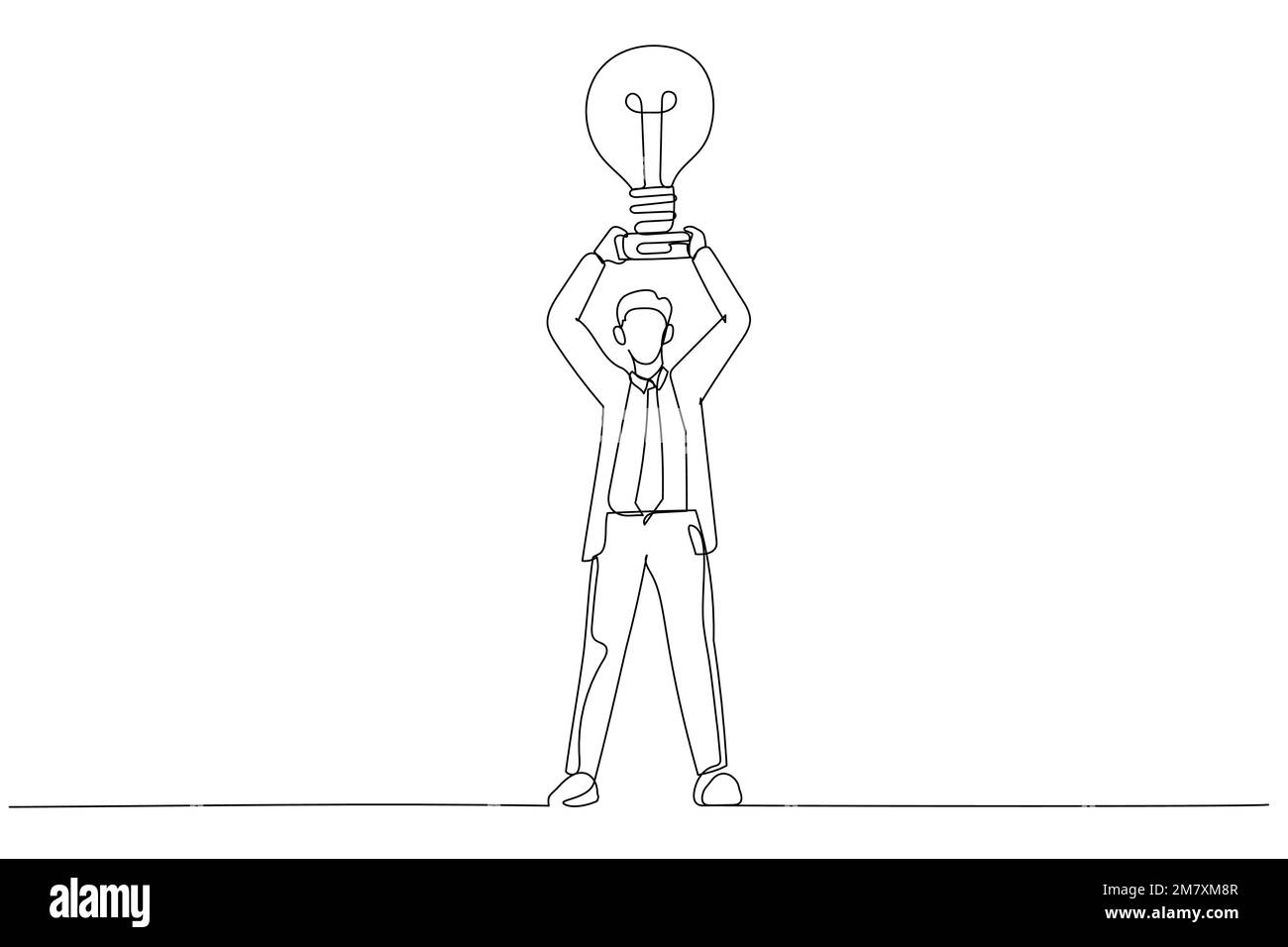 Die Zeichnung von Geschäftsmannshandschuhen nimmt einen Trophäenbecher, der wie eine Glühbirne auf einem Sockel aussieht. Einteilige, durchgehende Strichart Stock Vektor