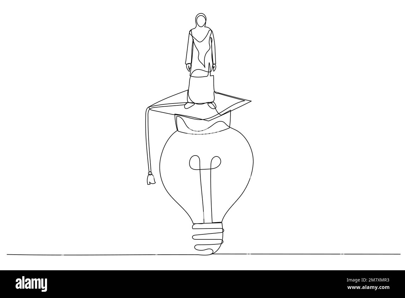 Zeichnung einer arabisch-muslimischen Geschäftsfrau klettert nach oben helle Glühbirne Idee Waring Mörtelbrett Abschluss-Cap Konzept der Bildungshilfe. Einzelnes kontinuierliches li Stock Vektor