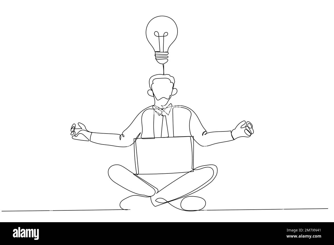 Cartoon eines Yoga-Geschäftsmannes in absoluter Konzentration mit Laptop. Einzeiliger Kunststil Stock Vektor