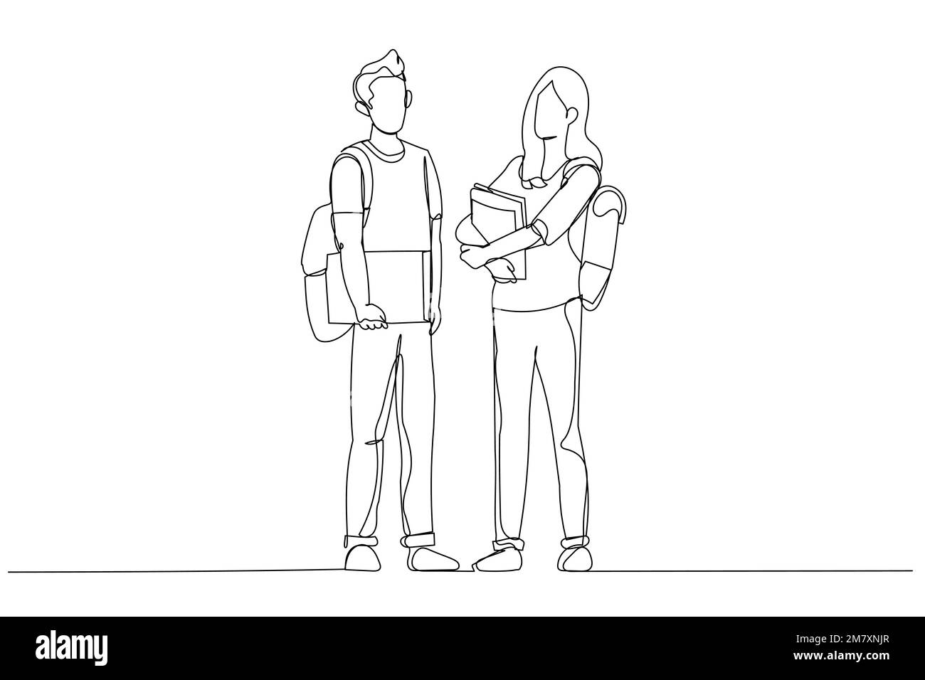Zeichnung von zwei Studenten, die vor der Klasse stehen und posieren. Strichgrafik-Stil Stock Vektor