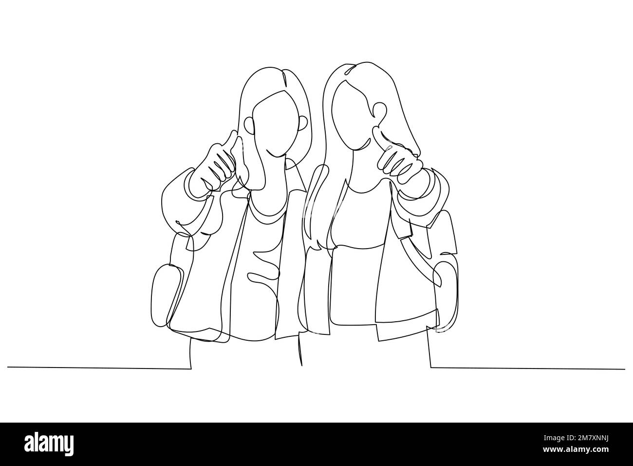 Cartoon mit Frontansicht Porträt von zwei Freunden mit erhobenen Daumen und Blick auf die Kamera in der Universität. Ein kontinuierlicher Strichbildstil Stock Vektor