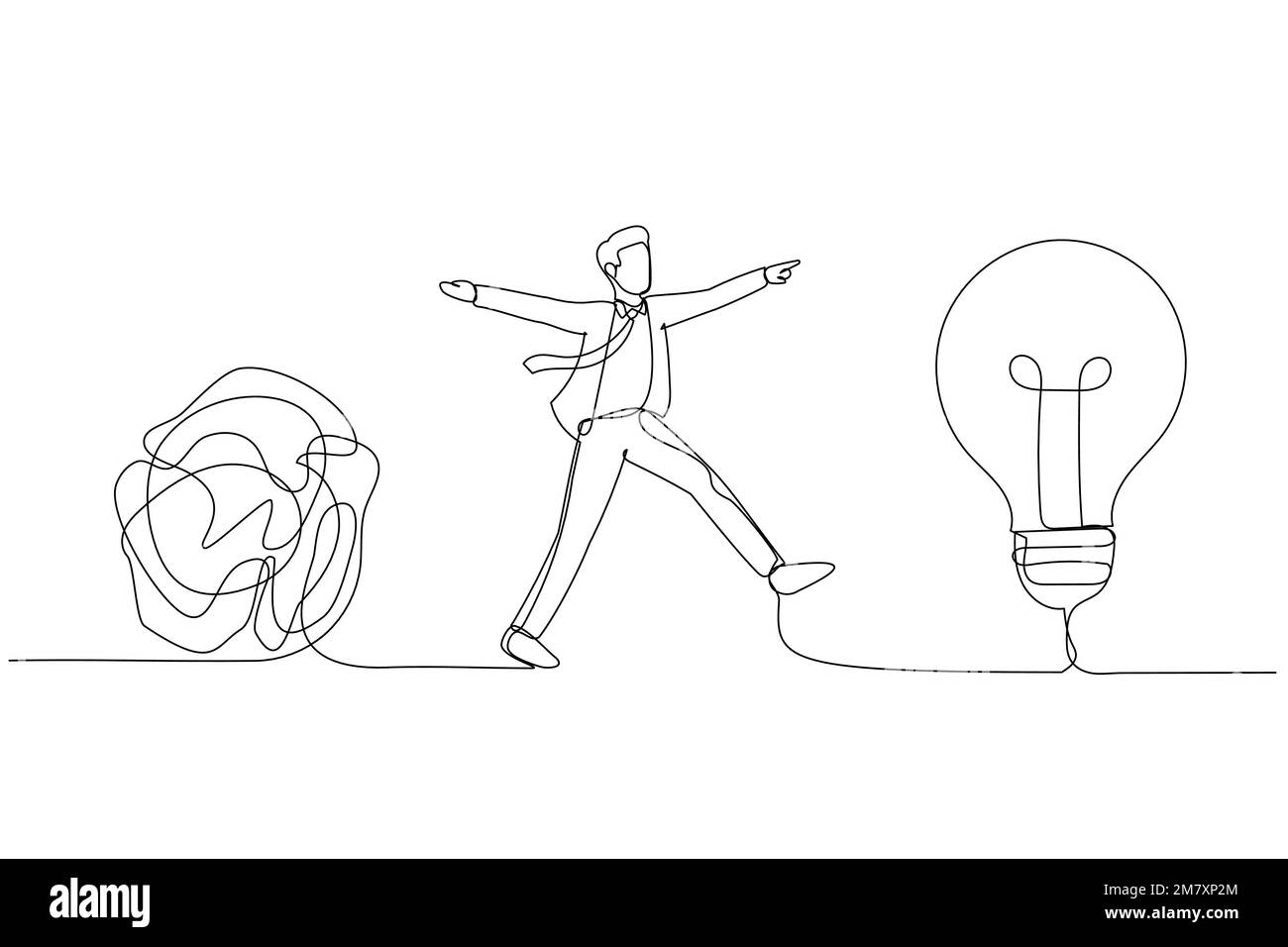Cartoon eines klugen Geschäftsmannes, der von Chaos und einfacher Glühbirnenidee wegläuft. Idee vereinfachen. Einzeilige Kunst Stock Vektor